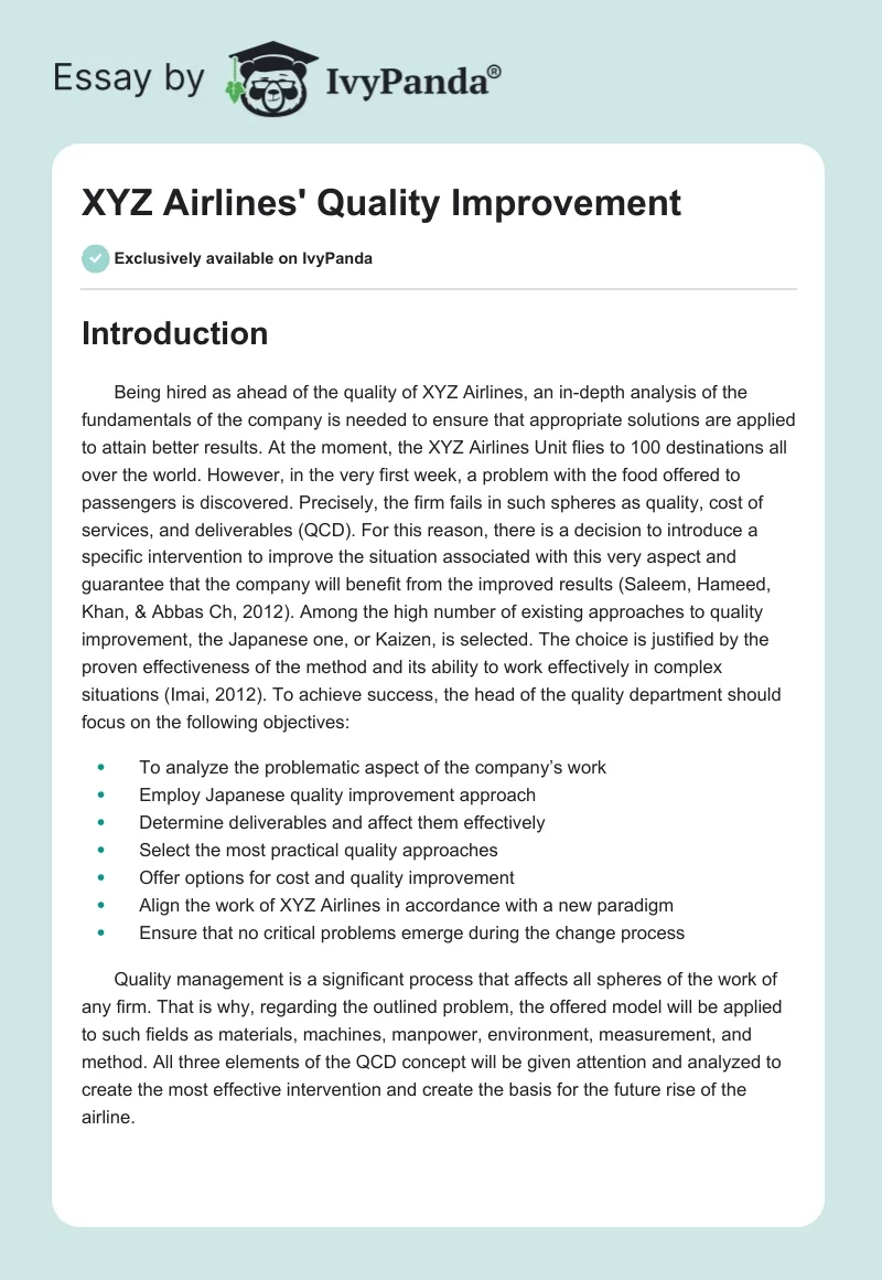 XYZ Airlines' Quality Improvement. Page 1