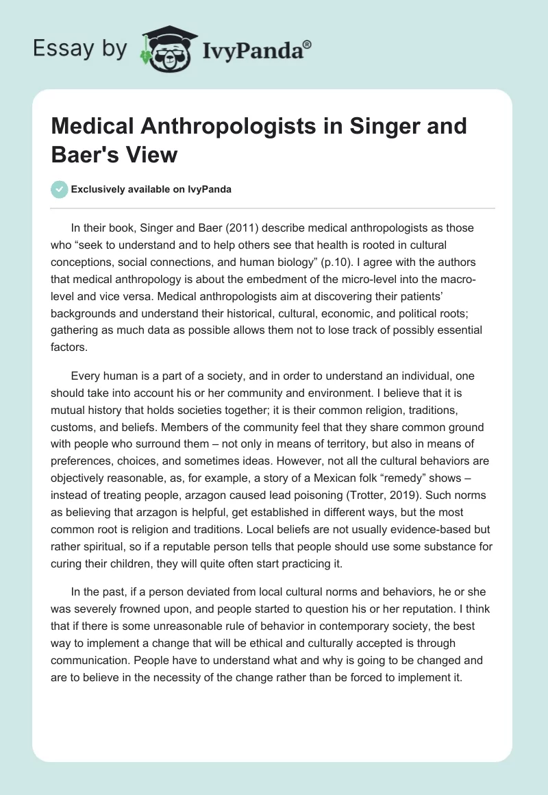 Medical Anthropologists in Singer and Baer's View. Page 1