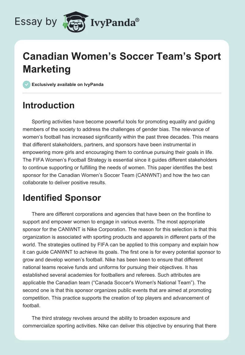 Canadian Women’s Soccer Team’s Sport Marketing. Page 1