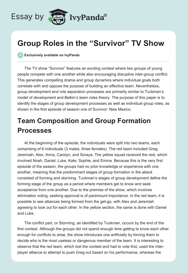 Group Roles in the “Survivor” TV Show. Page 1