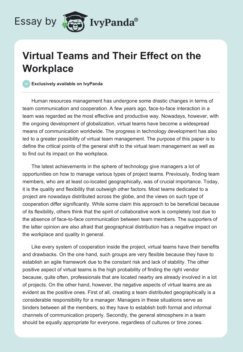 Virtual Teams and Their Effect on the Workplace. Page 1