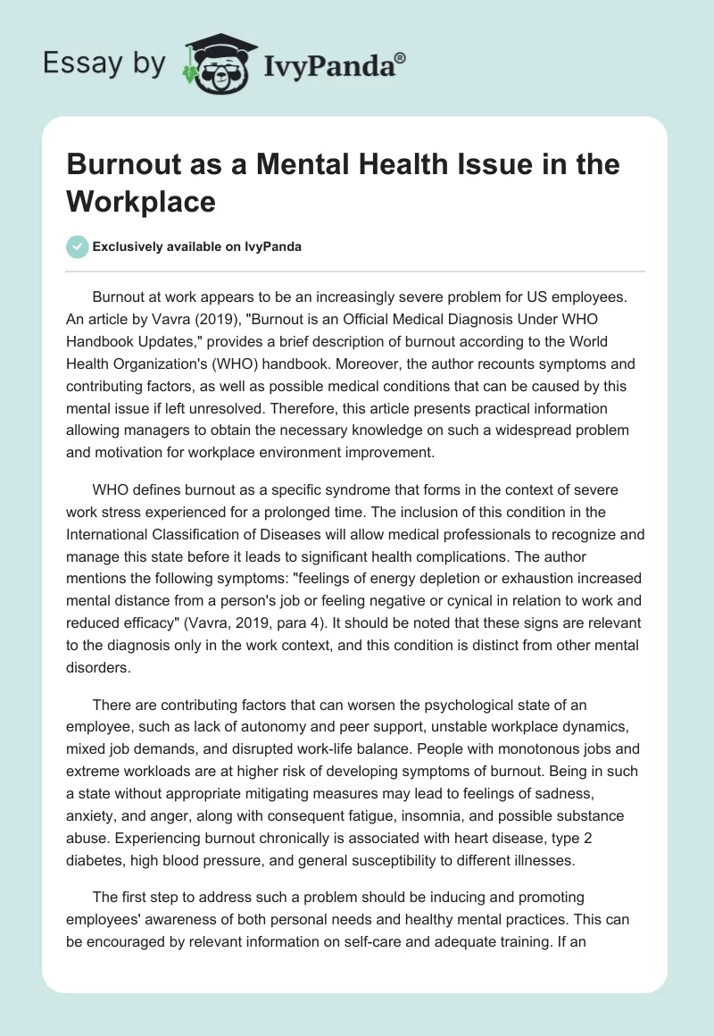Burnout as a Mental Health Issue in the Workplace. Page 1