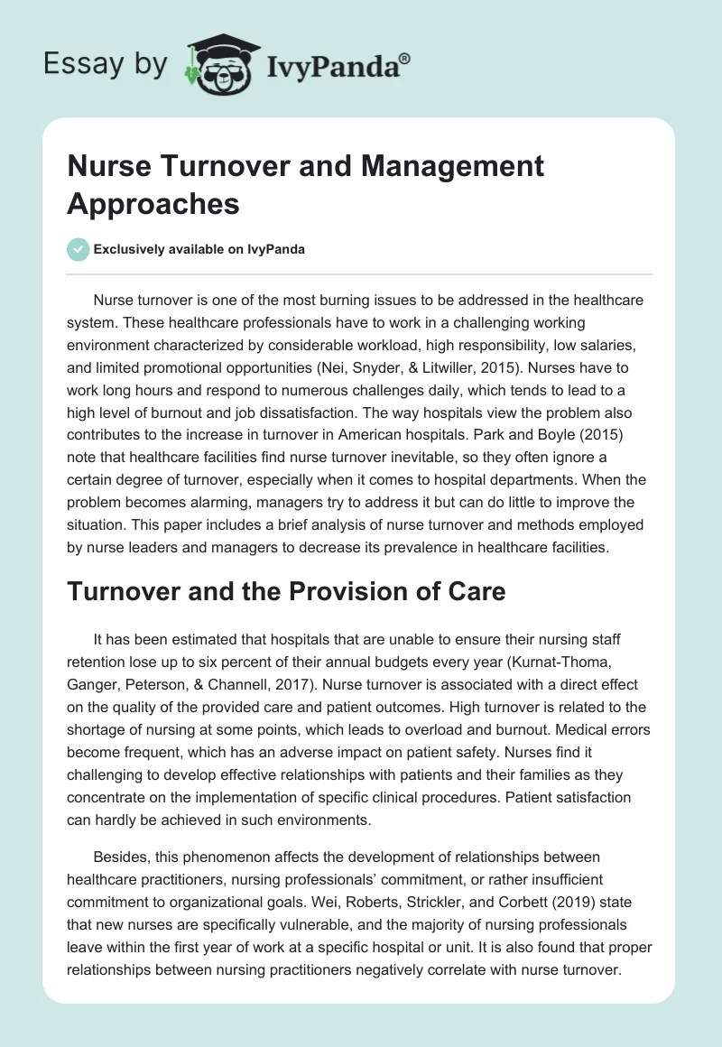 Nurse Turnover and Management Approaches. Page 1