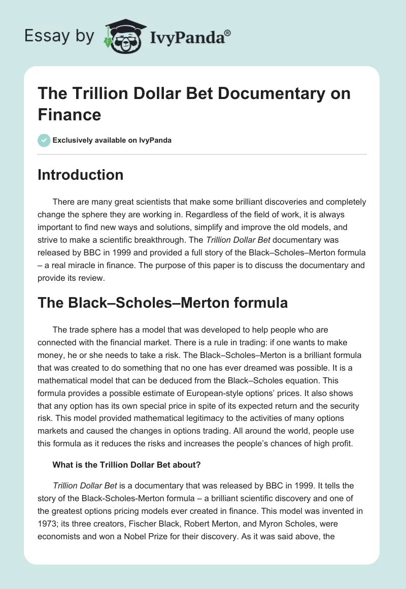 The Trillion Dollar Bet Documentary on Finance. Page 1