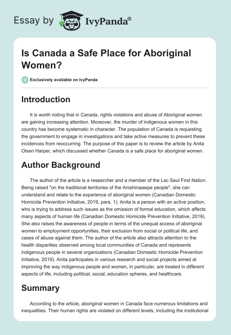 Is Canada a Safe Place for Aboriginal Women?. Page 1