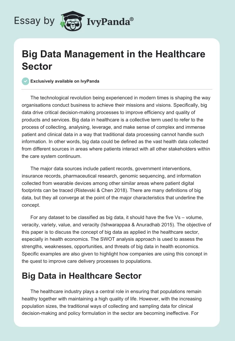 Big Data Management in the Healthcare Sector. Page 1