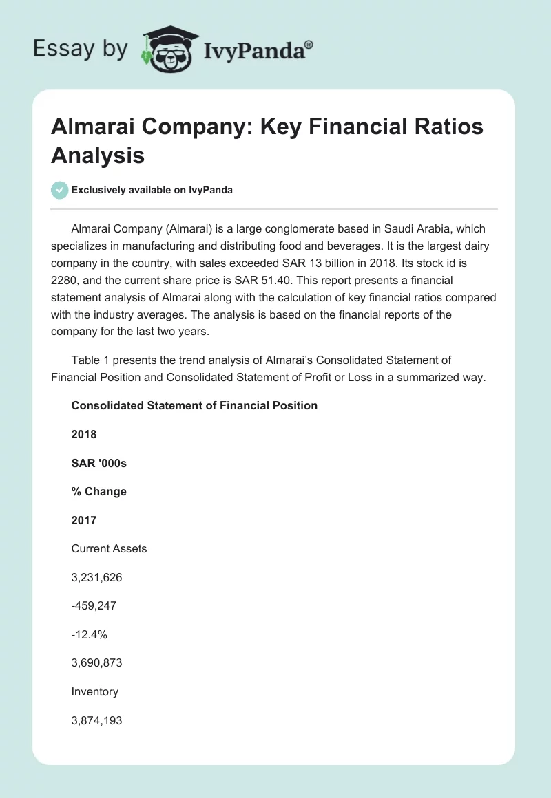 Almarai Company: Key Financial Ratios Analysis. Page 1