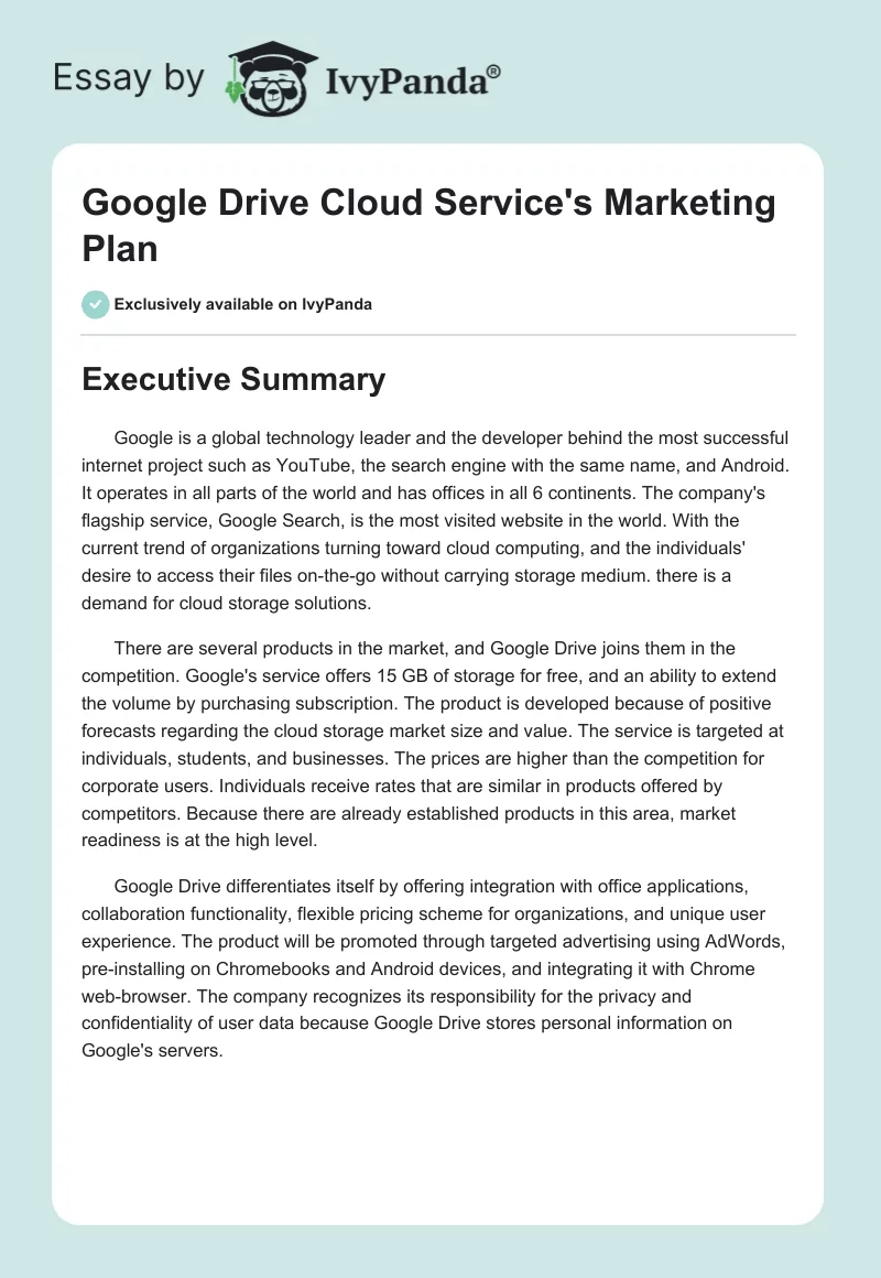 Google Drive Cloud Service's Marketing Plan. Page 1