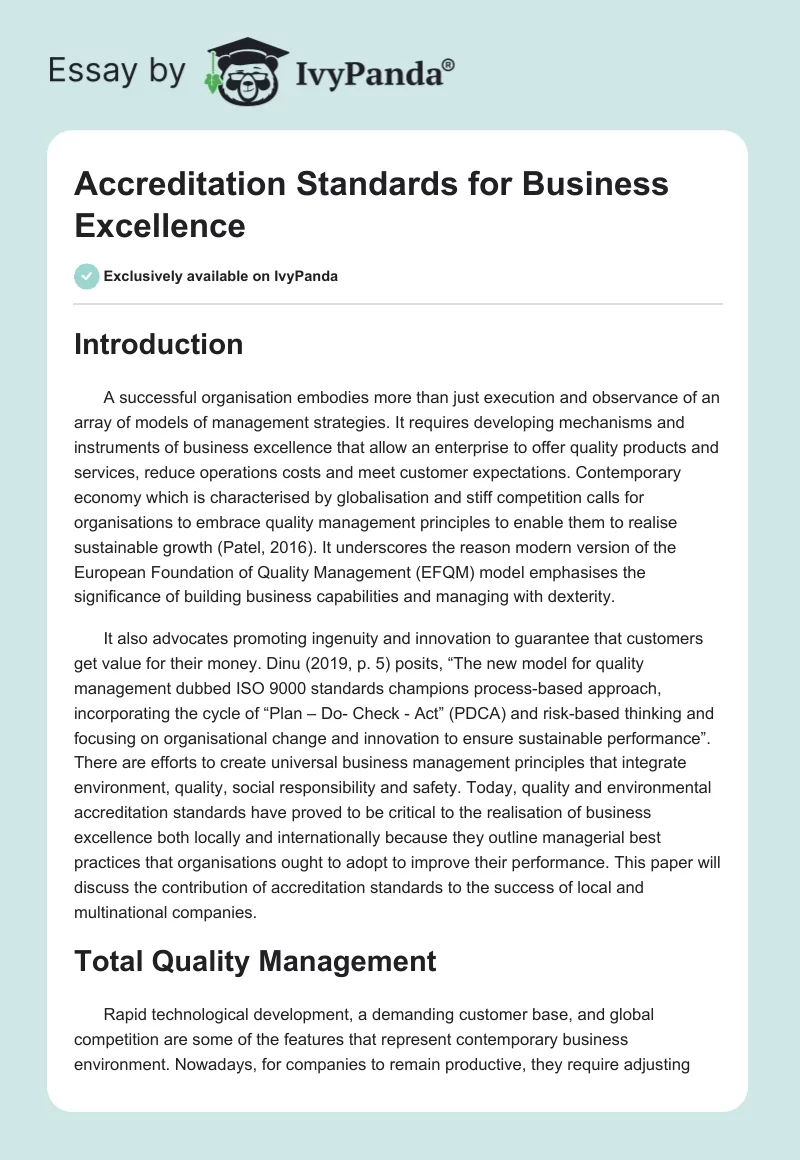 Accreditation Standards for Business Excellence. Page 1