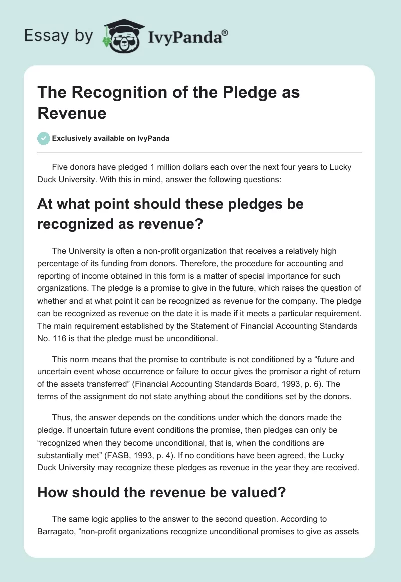 The Recognition of the Pledge as Revenue. Page 1