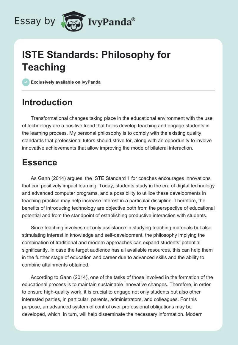 ISTE Standards: Philosophy for Teaching. Page 1