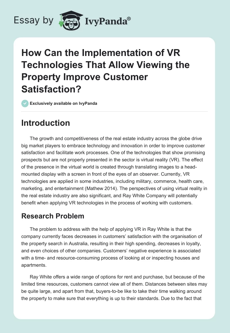 How Can the Implementation of VR Technologies That Allow Viewing the Property Improve Customer Satisfaction?. Page 1