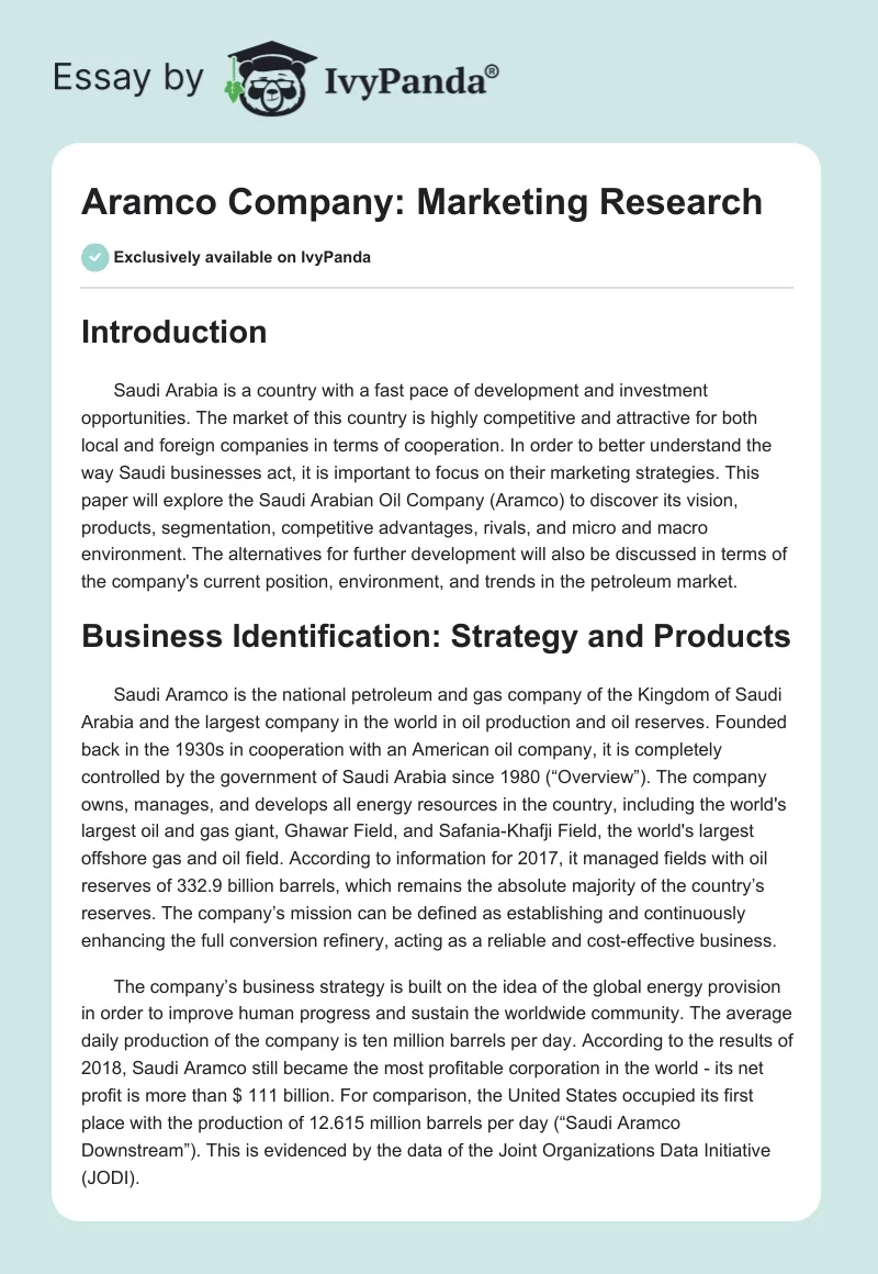 Aramco Company: Marketing Research. Page 1