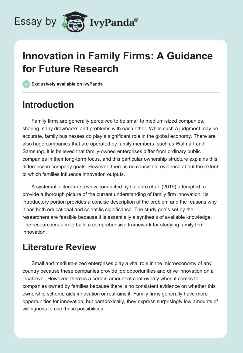 Innovation in Family Firms: A Guidance for Future Research. Page 1