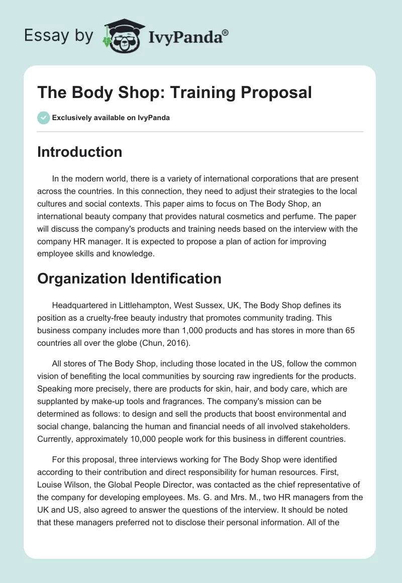 The Body Shop: Training Proposal. Page 1