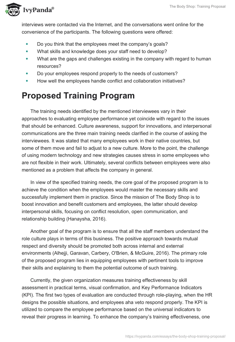 The Body Shop: Training Proposal. Page 2