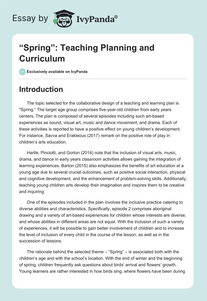 “Spring”: Teaching Planning and Curriculum. Page 1