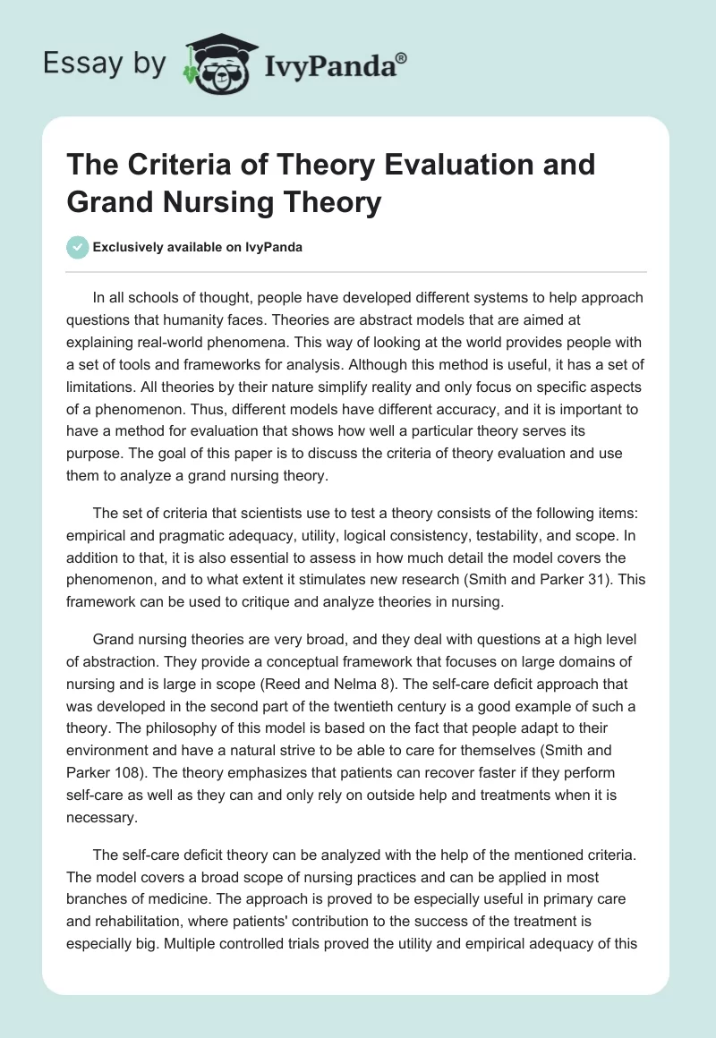 The Criteria of Theory Evaluation and Grand Nursing Theory. Page 1