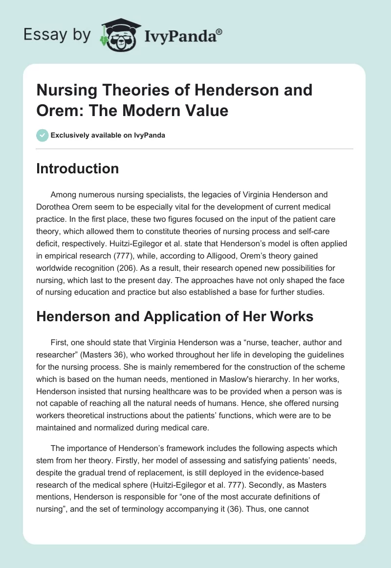Nursing Theories of Henderson and Orem: The Modern Value. Page 1