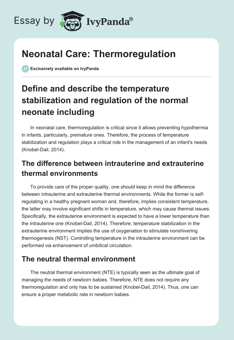 Neonatal Care: Thermoregulation. Page 1