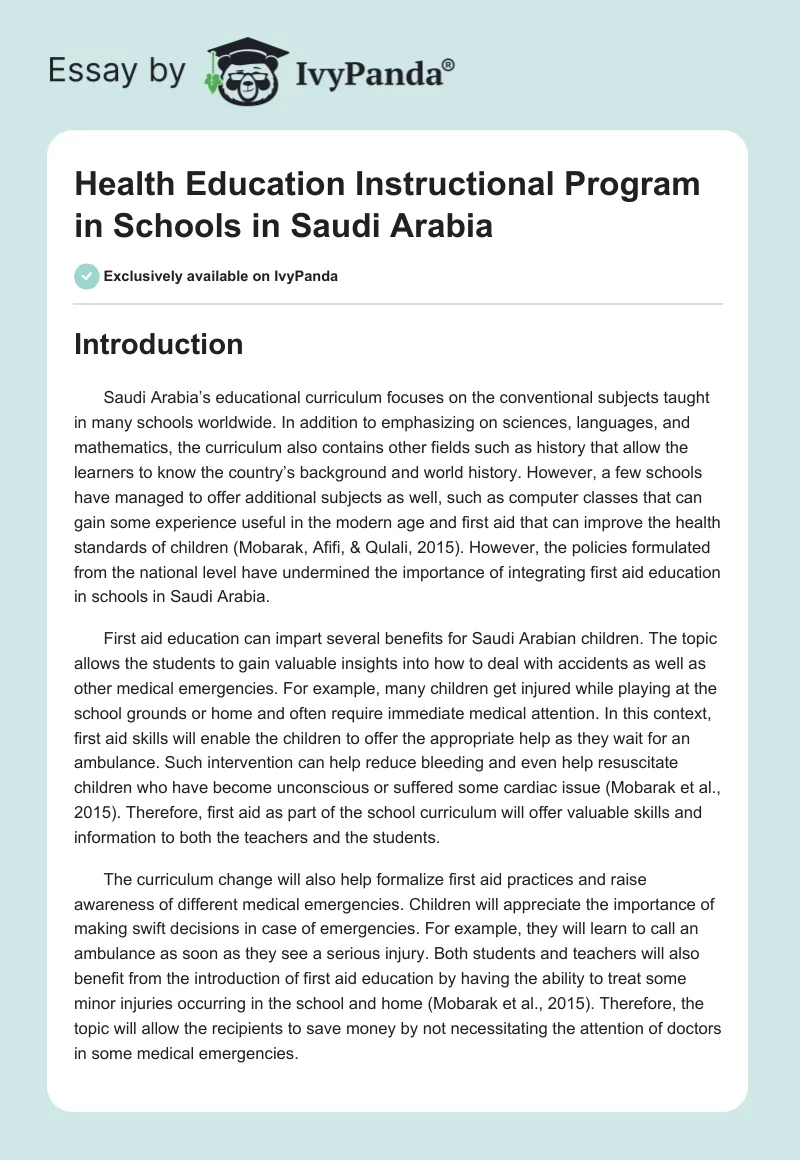 Health Education Instructional Program in Schools in Saudi Arabia. Page 1