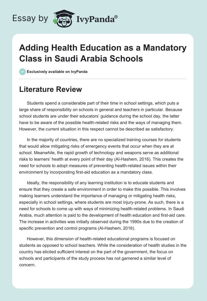 Adding Health Education as a Mandatory Class in Saudi Arabia Schools. Page 1