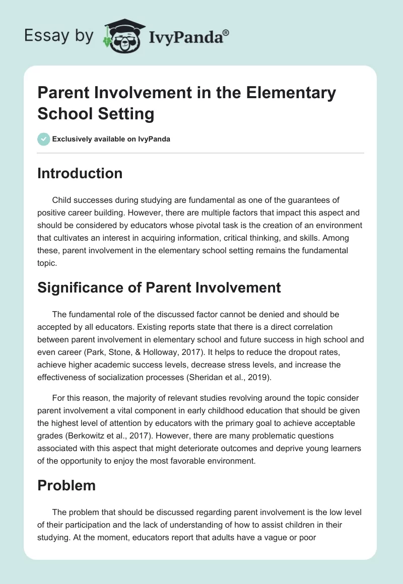 Parent Involvement in the Elementary School Setting. Page 1