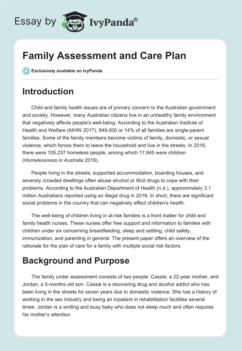 Family Assessment and Care Plan. Page 1