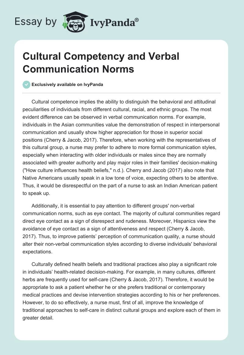Cultural Competency and Verbal Communication Norms. Page 1
