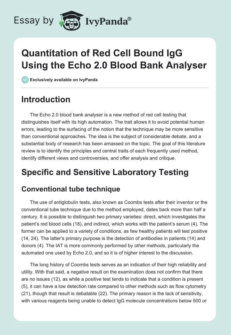 Quantitation of Red Cell Bound IgG Using the Echo 2.0 Blood Bank Analyser. Page 1