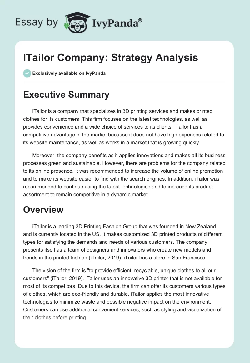 ITailor Company: Strategy Analysis. Page 1
