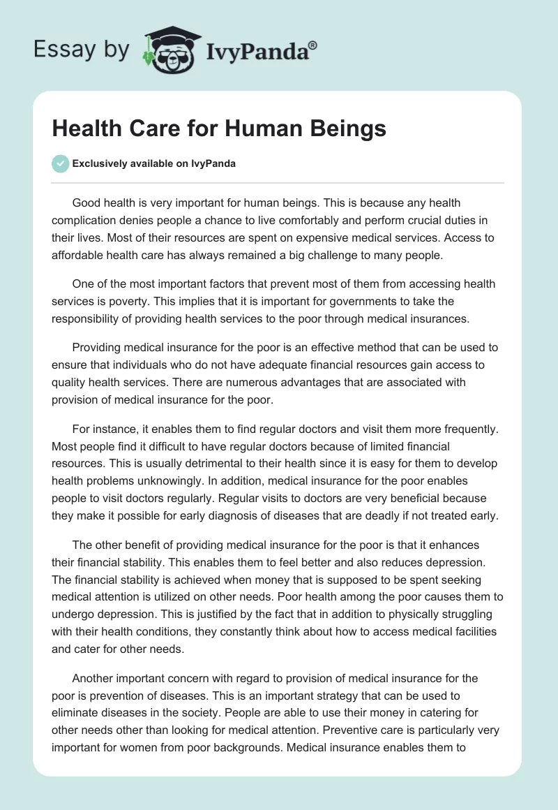 Health Care for Human Beings. Page 1