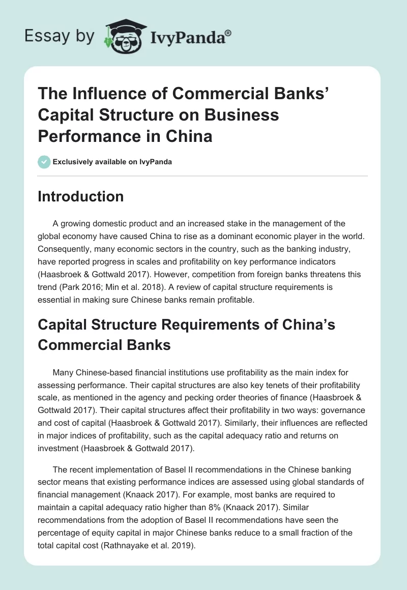 The Influence of Commercial Banks’ Capital Structure on Business Performance in China. Page 1