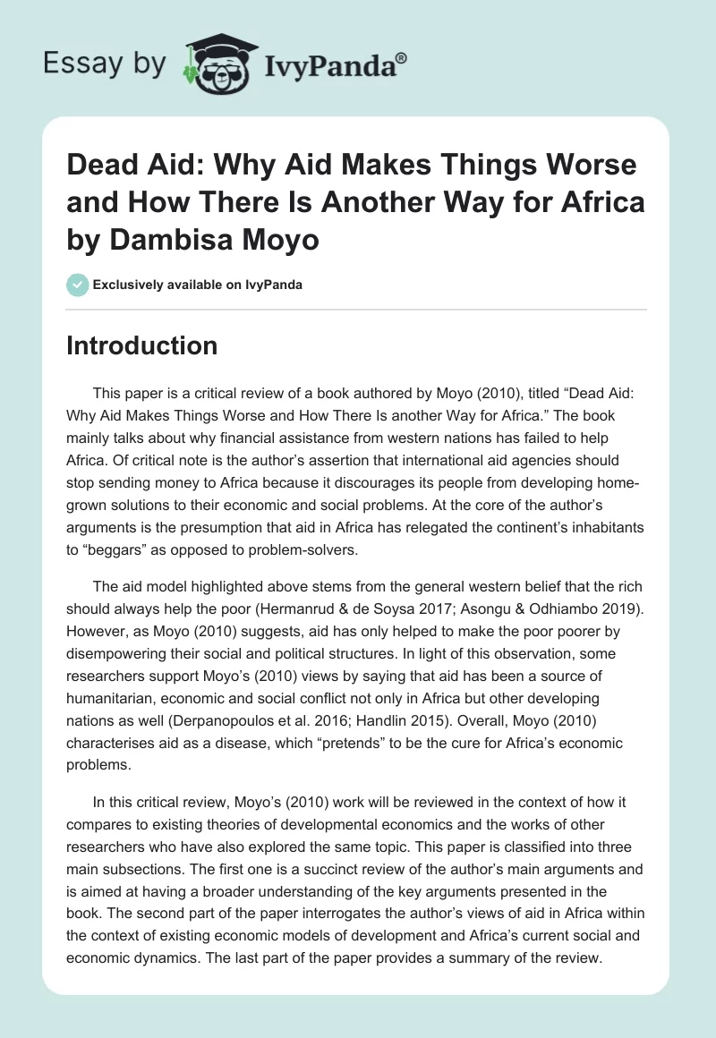 "Dead Aid: Why Aid Makes Things Worse and How There Is Another Way for Africa" by Dambisa Moyo. Page 1