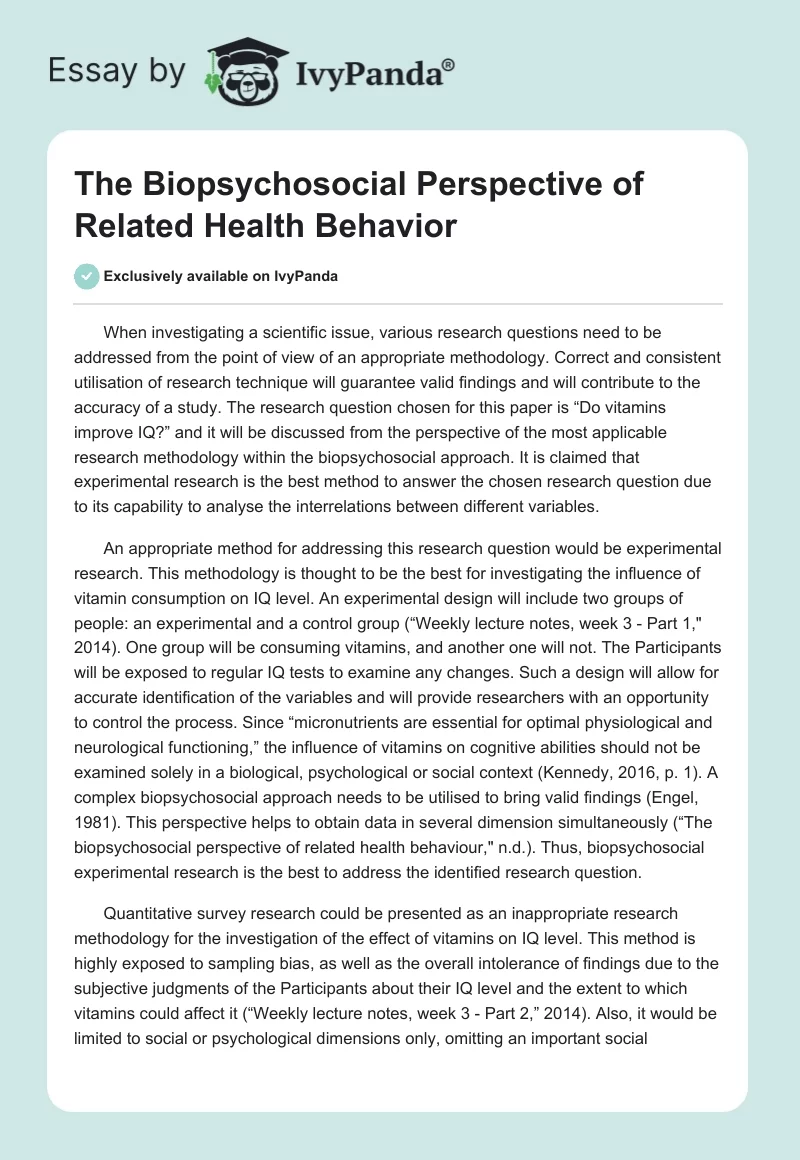 The Biopsychosocial Perspective of Related Health Behavior. Page 1