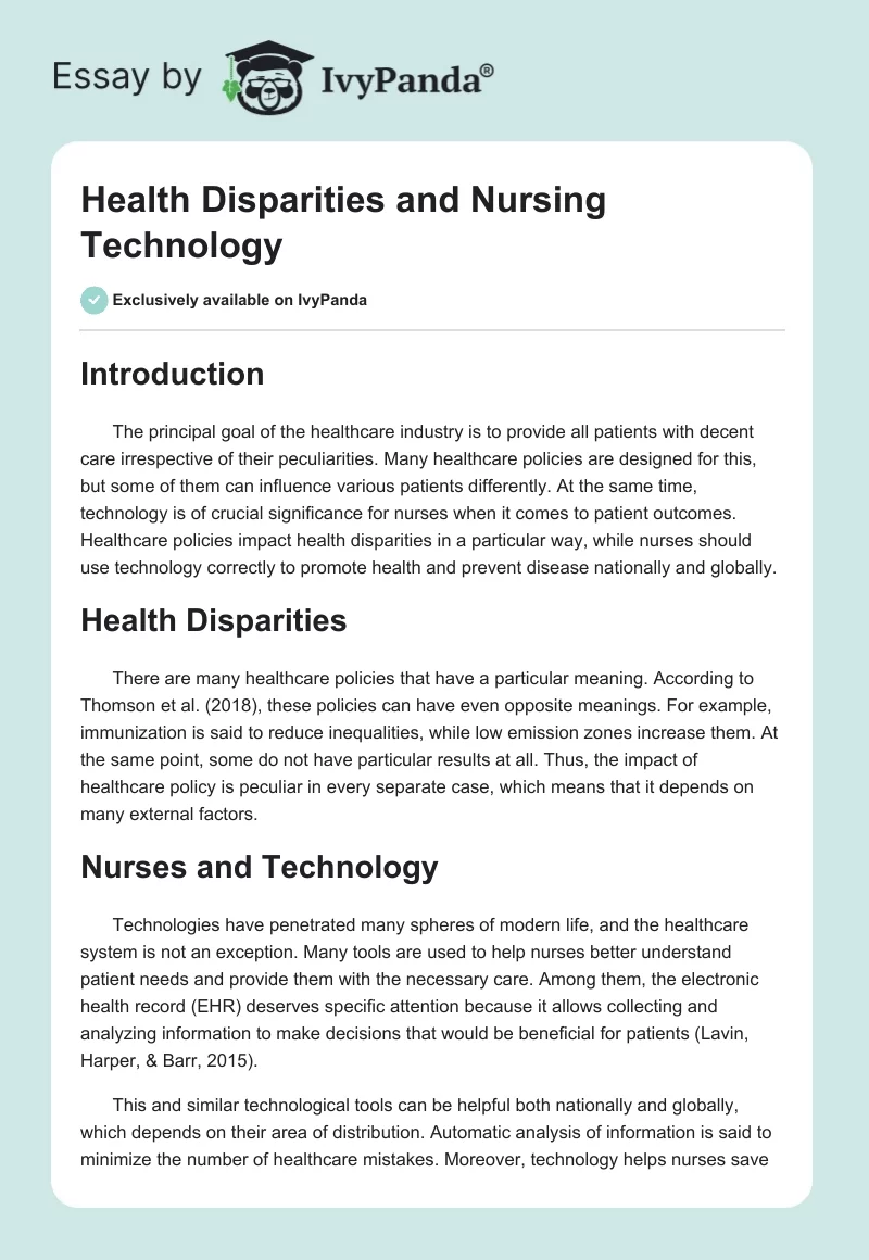 Health Disparities and Nursing Technology. Page 1