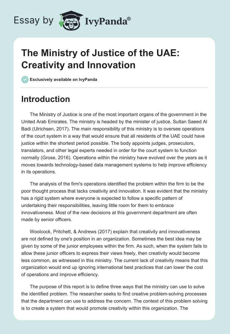 The Ministry of Justice of the UAE: Creativity and Innovation. Page 1