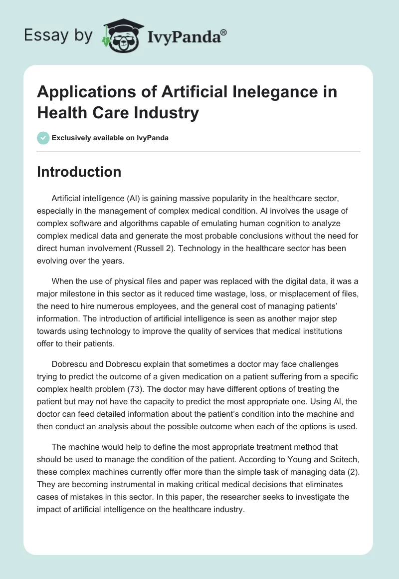 Applications of Artificial Inelegance in Health Care Industry. Page 1