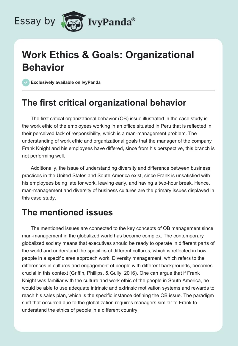 Work Ethics & Goals: Organizational Behavior. Page 1