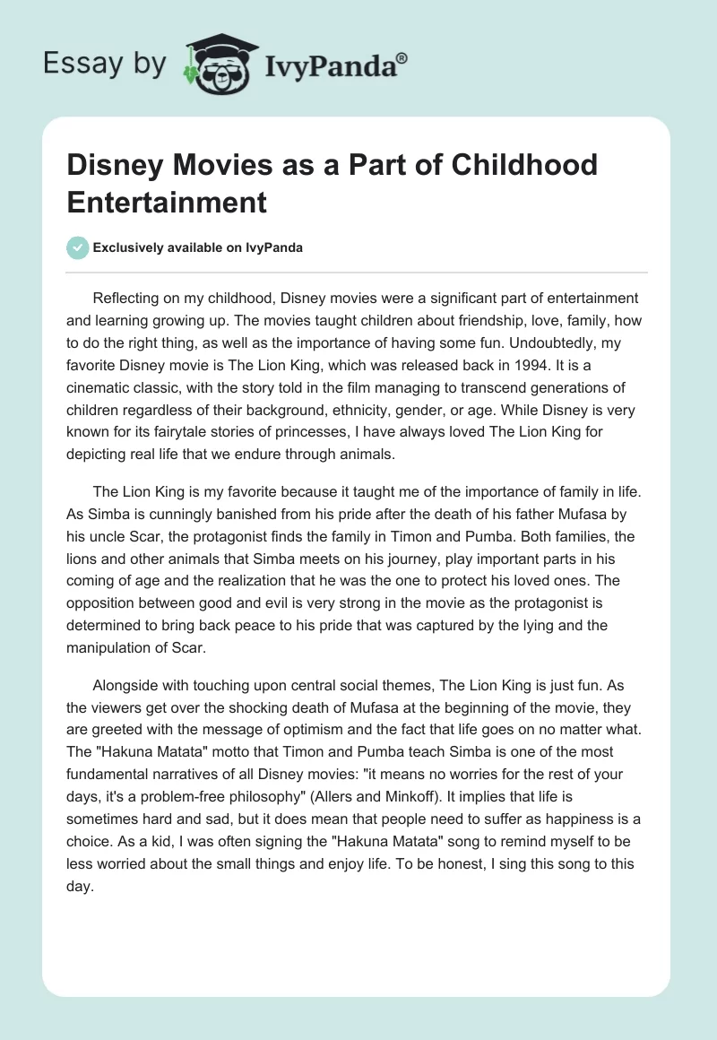 Disney Movies as a Part of Childhood Entertainment. Page 1