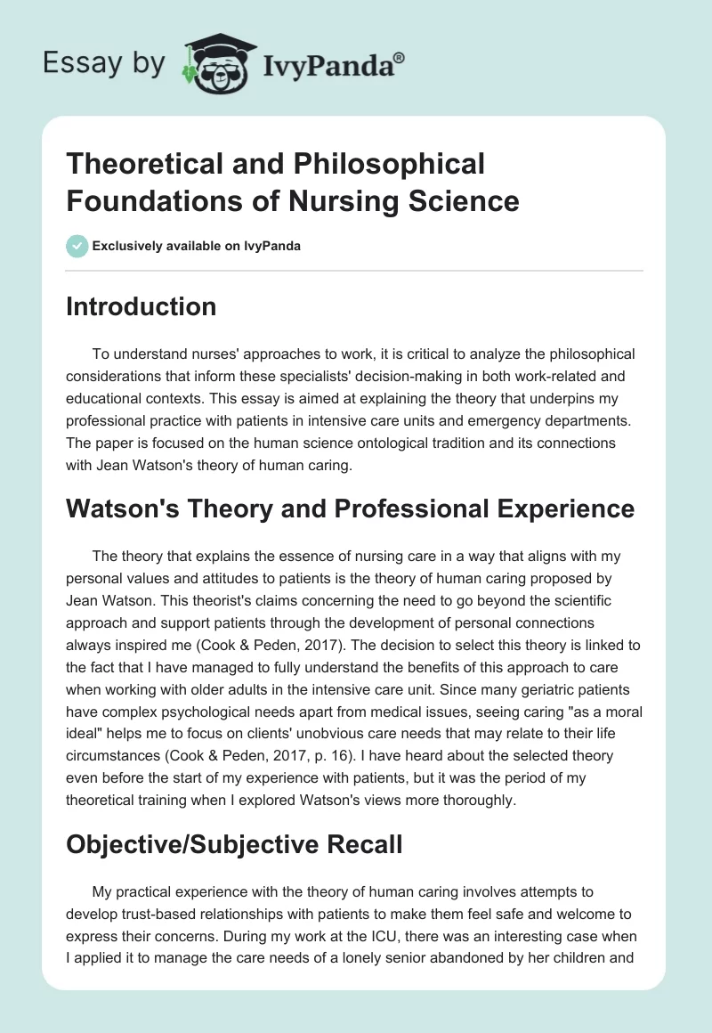 Theoretical and Philosophical Foundations of Nursing Science. Page 1