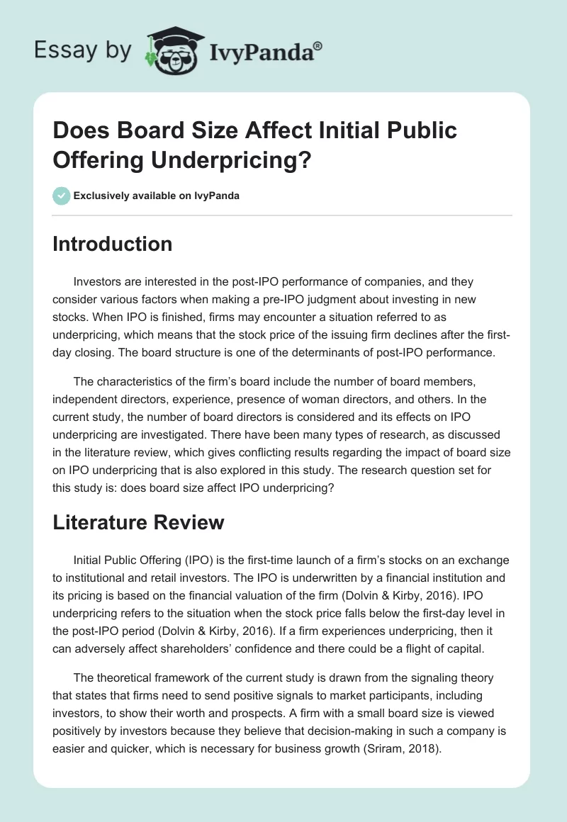Does Board Size Affect Initial Public Offering Underpricing?. Page 1