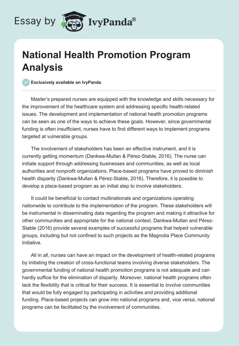 National Health Promotion Program Analysis. Page 1
