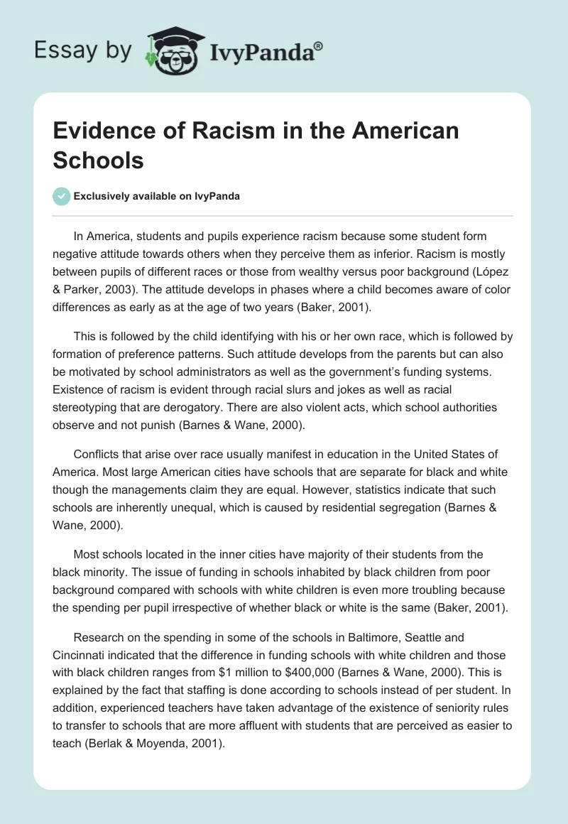 Evidence of Racism in the American Schools. Page 1