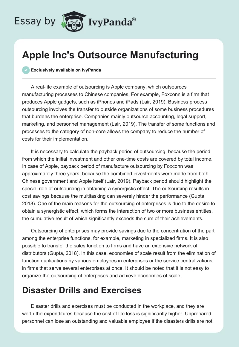 Apple Inc's Outsource Manufacturing. Page 1