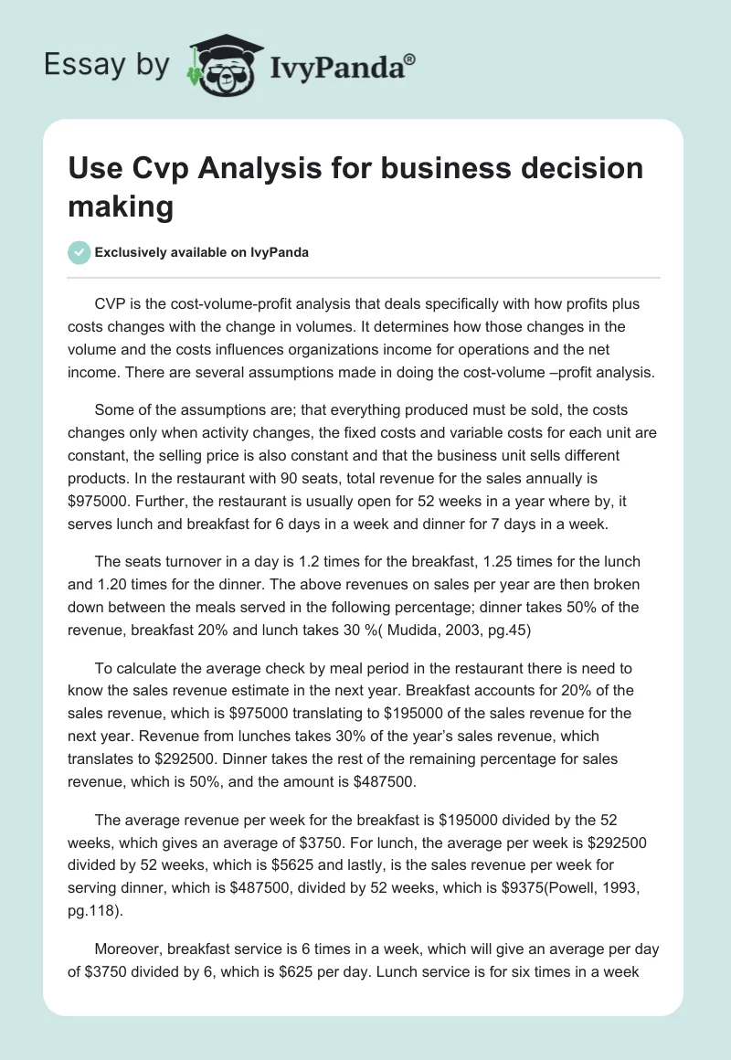 Use Cvp Analysis for business decision making. Page 1