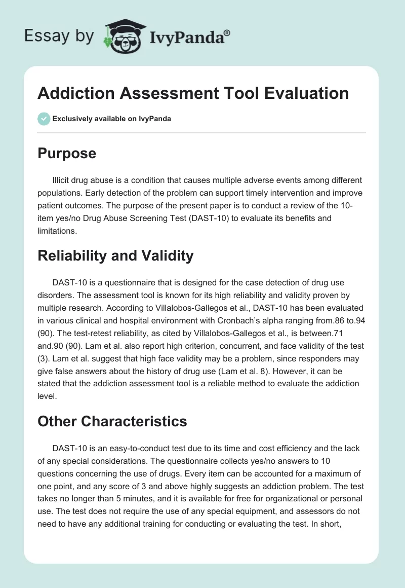 Addiction Assessment Tool Evaluation. Page 1