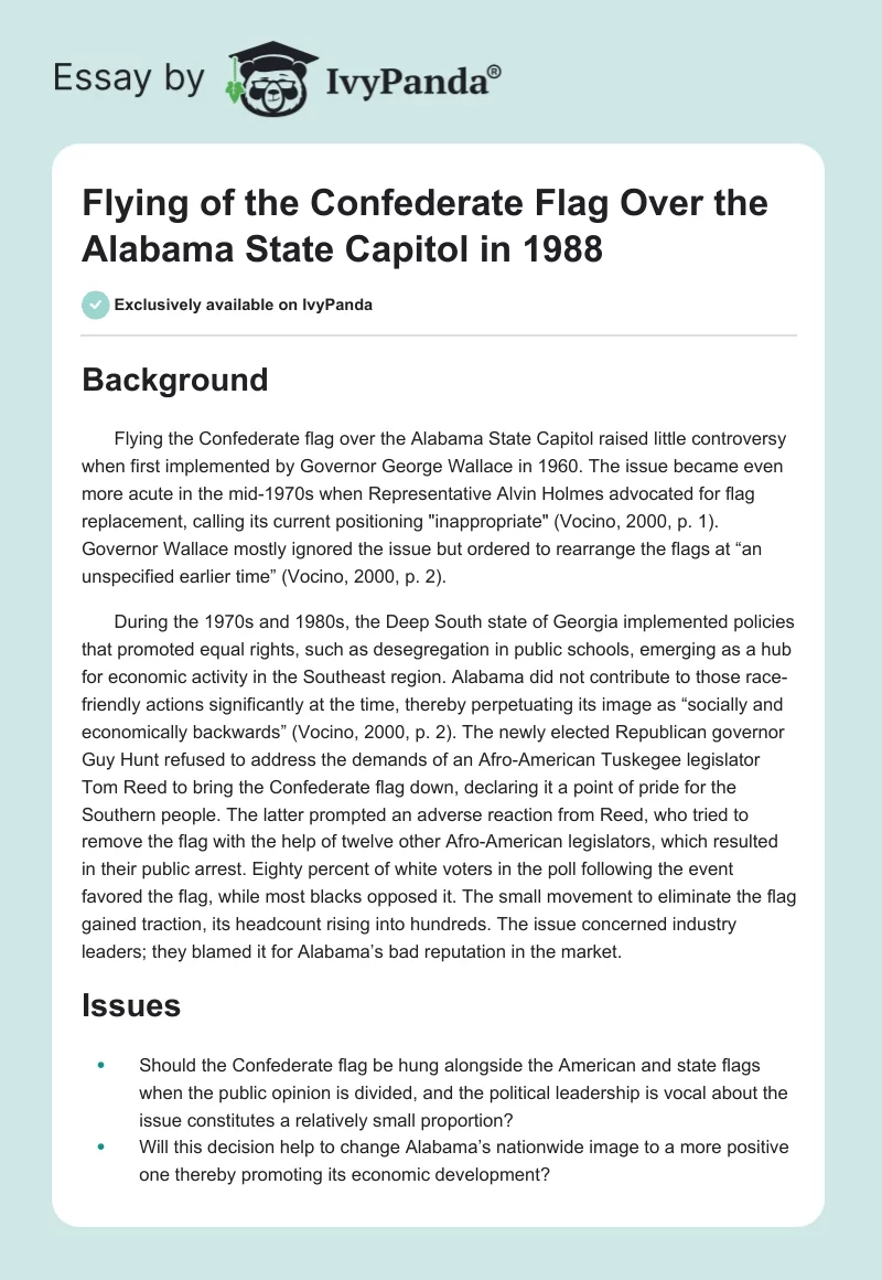 Flying of the Confederate Flag Over the Alabama State Capitol in 1988. Page 1