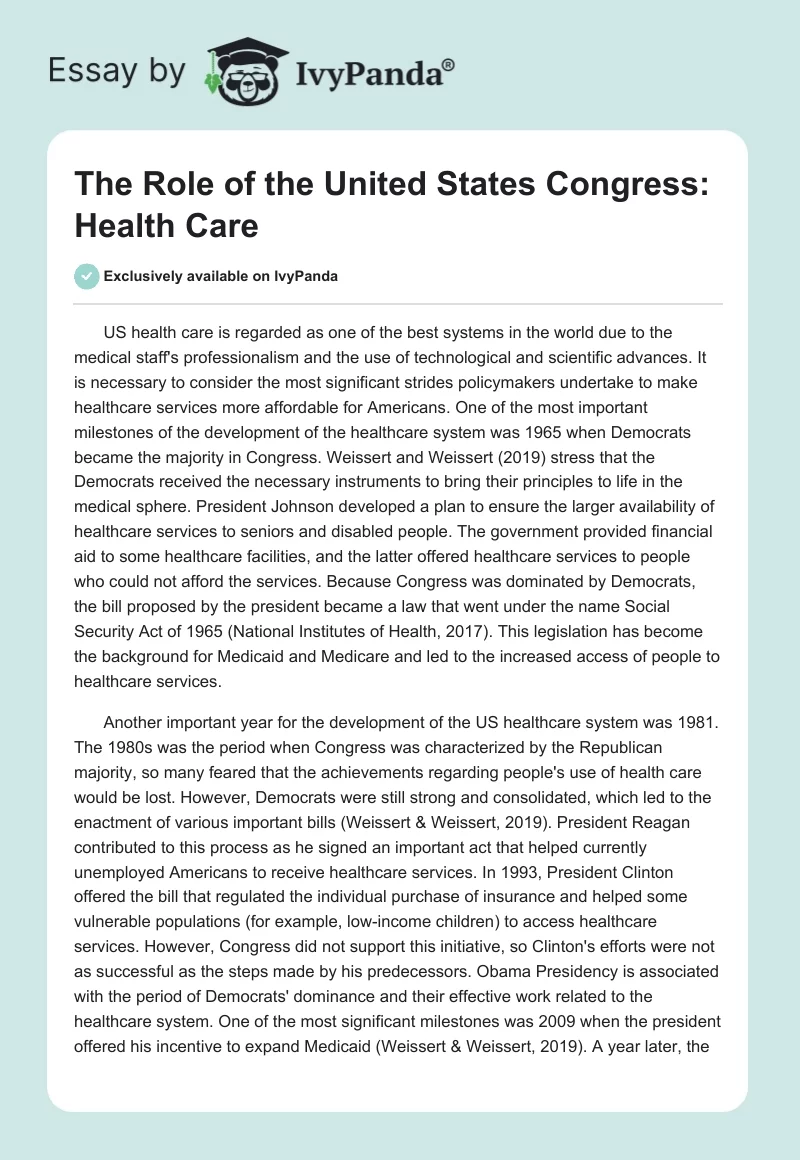 The Role of the United States Congress: Health Care. Page 1