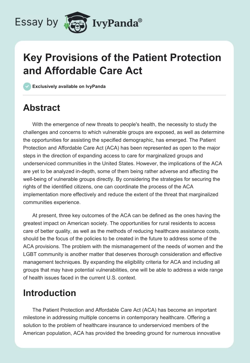 Key Provisions of the Patient Protection and Affordable Care Act. Page 1